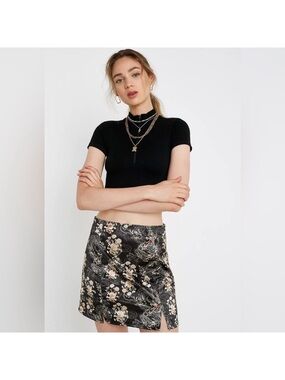 Black Floral Satin Mini Skirt with Subtle Side Slit